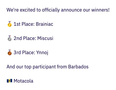 Official Zindi winners announcement names Motacola as the top participant from Barbados, separately from the three overall winners.