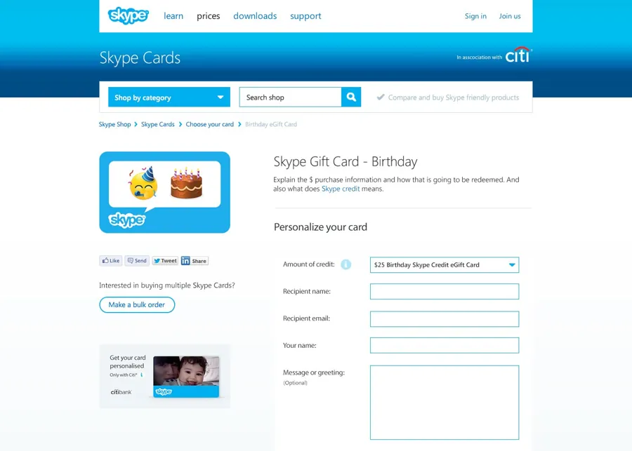 Skype prepaid-card purchase layout: upper-page detail